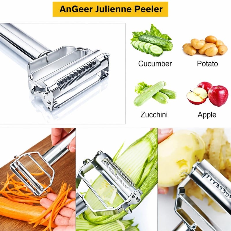 AnGeer Julienne Peeler, Stainless Steel Vegetable Peeler, Double-Sided Blade Vegetable Julienne Cutter and Fruit Slicer, Dual Blade Multifunction Potato Peeler - Image 2